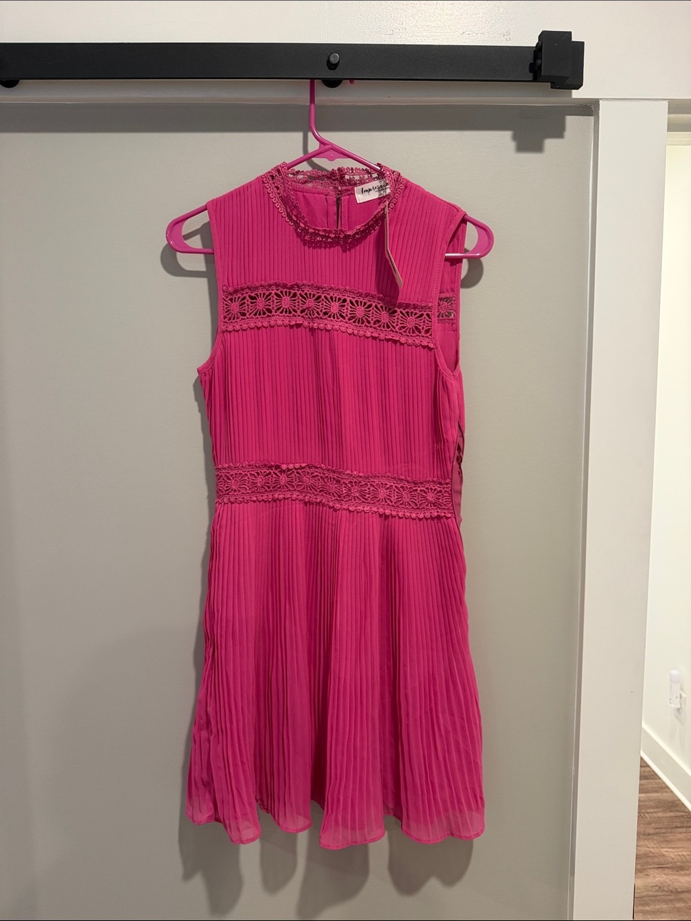 Impressions Hot Pink Pleated Lace-Trim Party Dress